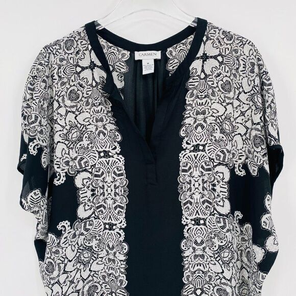 Carmen Marc Valvo Size Medium Black & White Printed V Neck Kimono Style Blouse - Picture 2 of 9